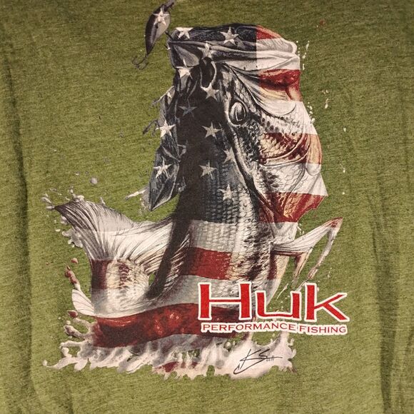 Huk tshirt mens 2XL XXL green performance fishing graphic tee american flag - Picture 3 of 9